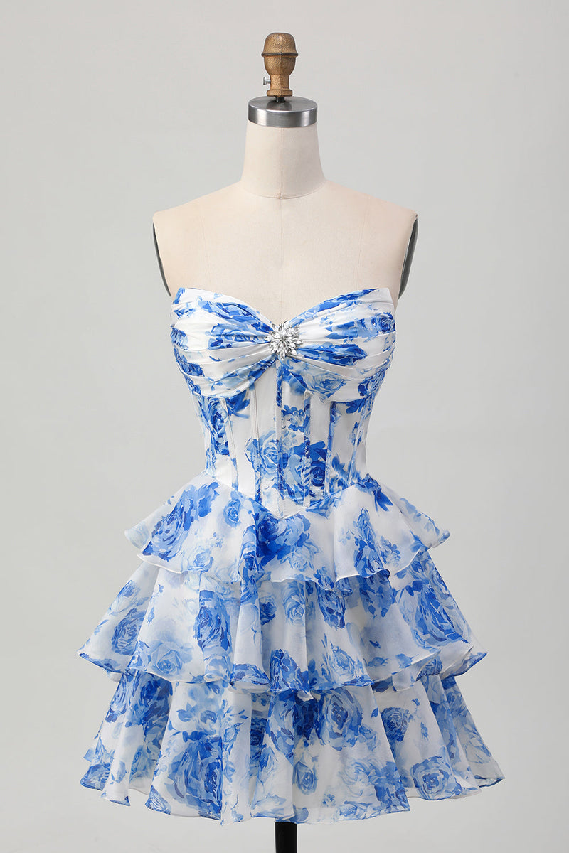 Load image into Gallery viewer, Sparkly White and Blue Corset Floral Short Prom Dress with Rhinestones