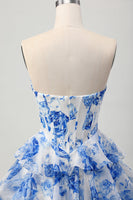 Load image into Gallery viewer, Sparkly White and Blue Corset Floral Short Prom Dress with Rhinestones