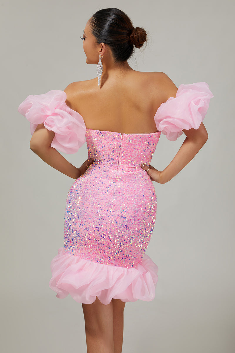 Load image into Gallery viewer, Sparkly Pink Detachable Puff Sleeves Sequins Tight Short Prom Dress