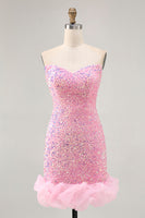 Load image into Gallery viewer, Sparkly Pink Detachable Puff Sleeves Sequins Tight Short Prom Dress
