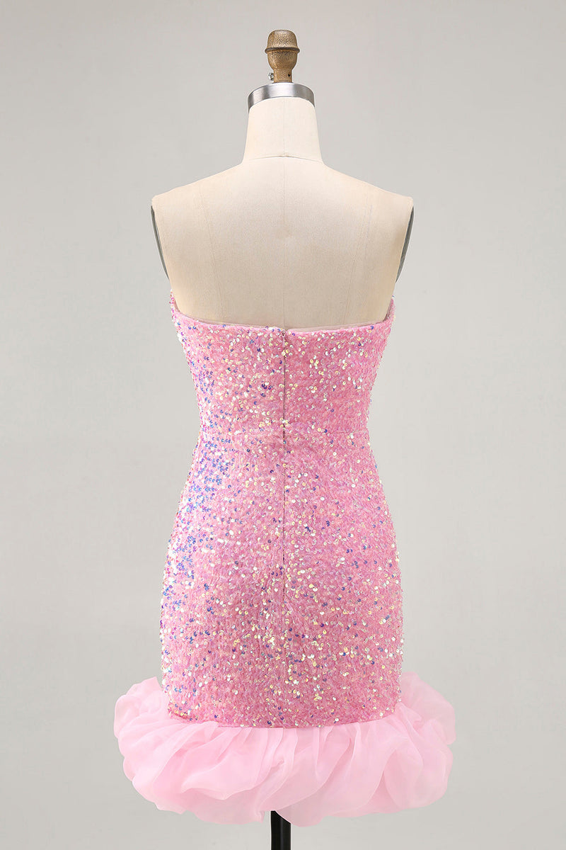 Load image into Gallery viewer, Sparkly Pink Detachable Puff Sleeves Sequins Tight Short Prom Dress