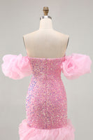 Load image into Gallery viewer, Sparkly Pink Detachable Puff Sleeves Sequins Tight Short Prom Dress