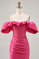 Load image into Gallery viewer, Fuchsia Satin Tight Short Corset Prom Dress with Ruffles