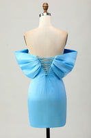 Load image into Gallery viewer, Sparkly Blue Satin Tight Off the Shoulder Short Prom Dress with Bow