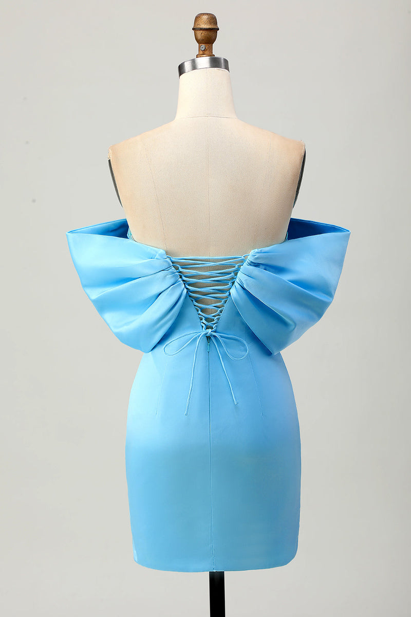 Load image into Gallery viewer, Sparkly Blue Satin Tight Off the Shoulder Short Prom Dress with Bow