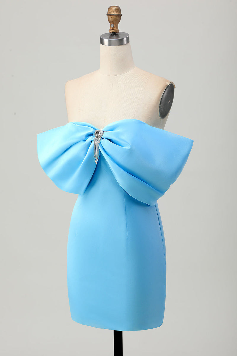 Load image into Gallery viewer, Sparkly Blue Satin Tight Off the Shoulder Short Prom Dress with Bow
