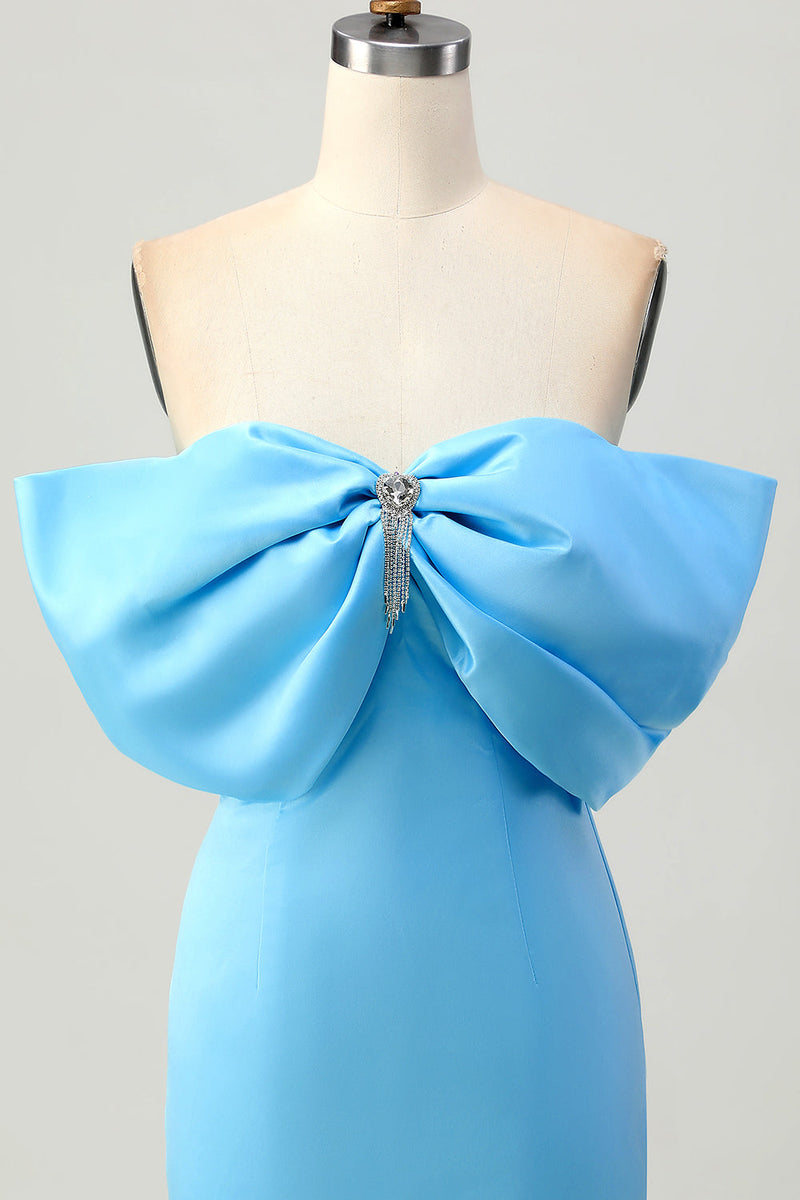 Load image into Gallery viewer, Sparkly Blue Satin Tight Off the Shoulder Short Prom Dress with Bow