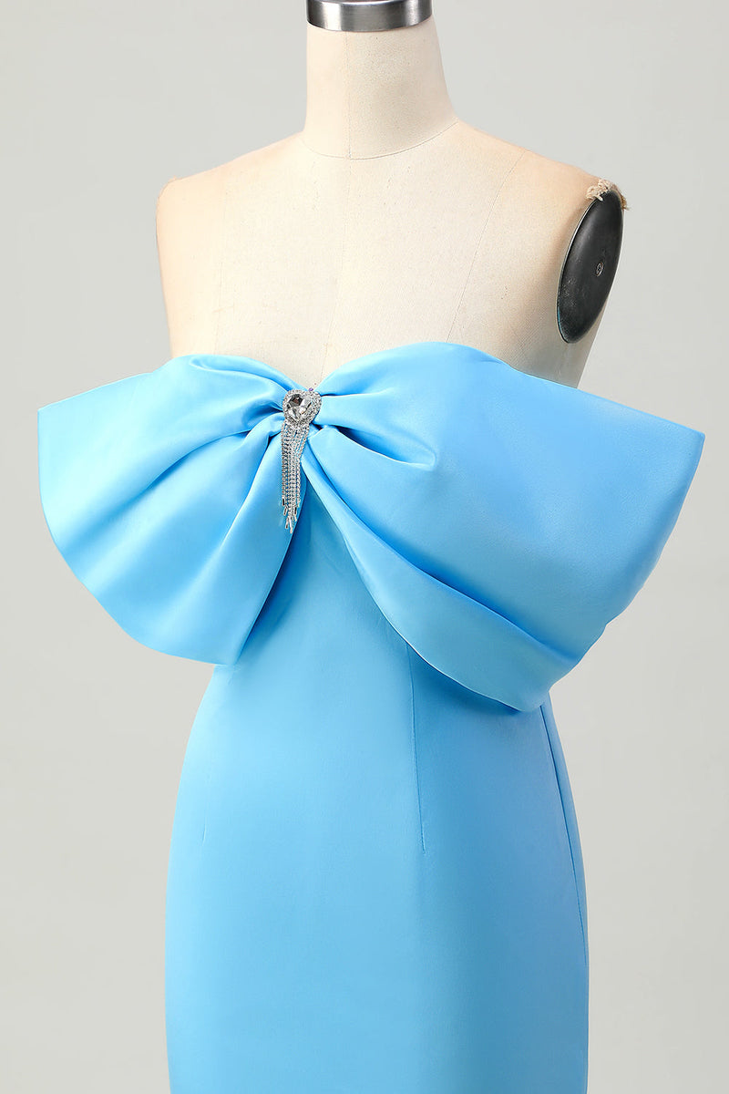 Load image into Gallery viewer, Sparkly Blue Satin Tight Off the Shoulder Short Prom Dress with Bow