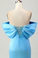 Load image into Gallery viewer, Sparkly Blue Satin Tight Off the Shoulder Short Prom Dress with Bow