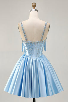 Sparkly Blue A Line Short Corset Prom Dress with Rhinestones