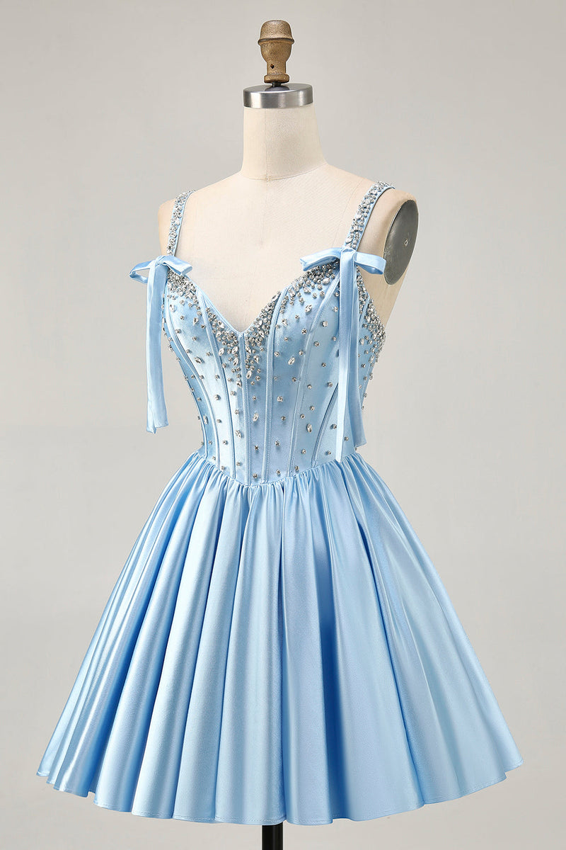 Queendancer Women Sparkly Blue Corset Short Prom Dress with Rhinestones