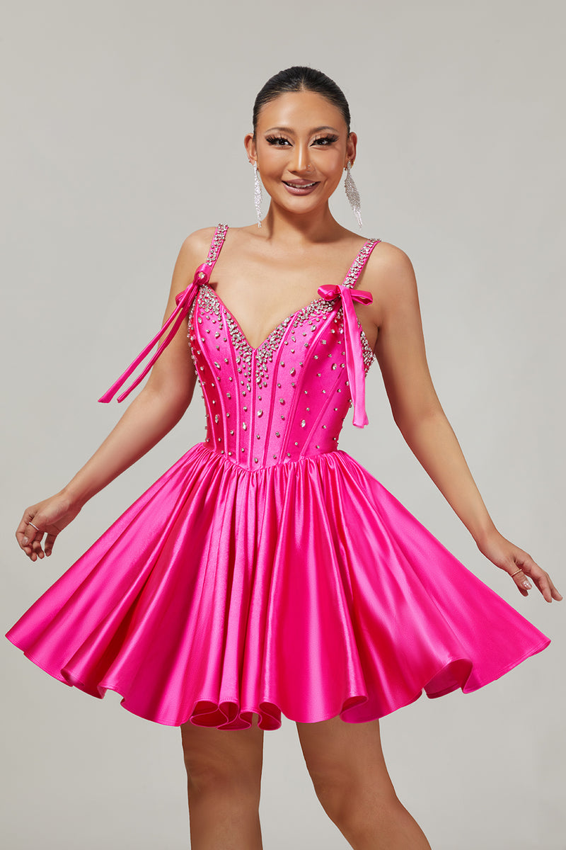 Load image into Gallery viewer, Sparkly Fuchsia Corset Short Prom Dress with Rhinestones