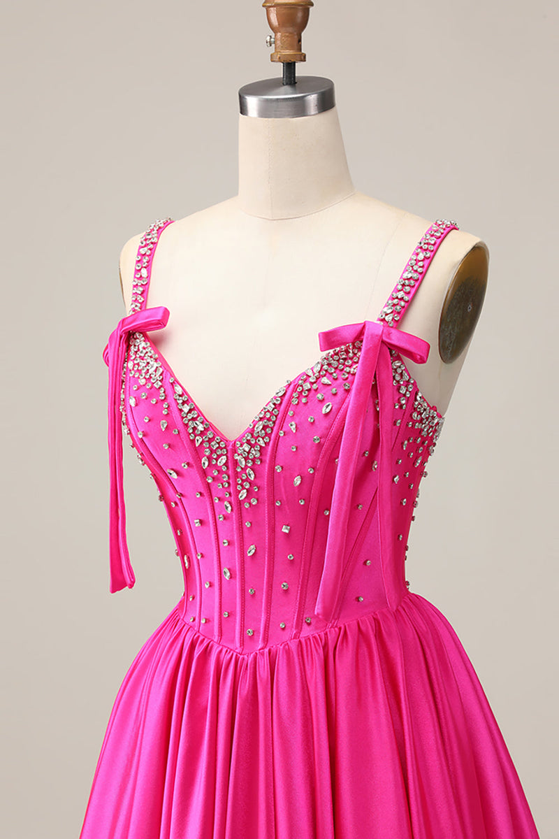 Load image into Gallery viewer, Sparkly Fuchsia Corset Short Prom Dress with Rhinestones
