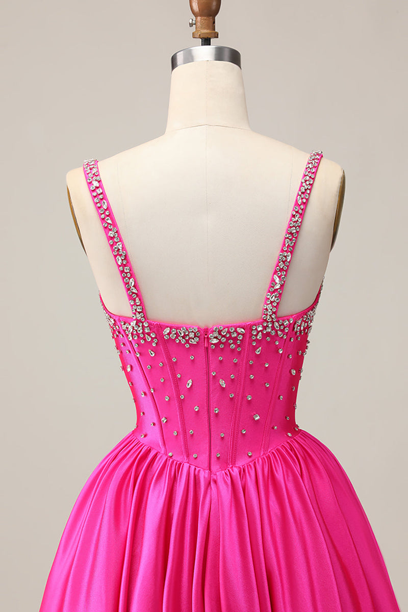 Load image into Gallery viewer, Sparkly Fuchsia Corset Short Prom Dress with Rhinestones
