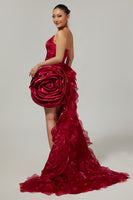 Load image into Gallery viewer, Burgundy Satin Short Tight Prom Dress with 3D Flower