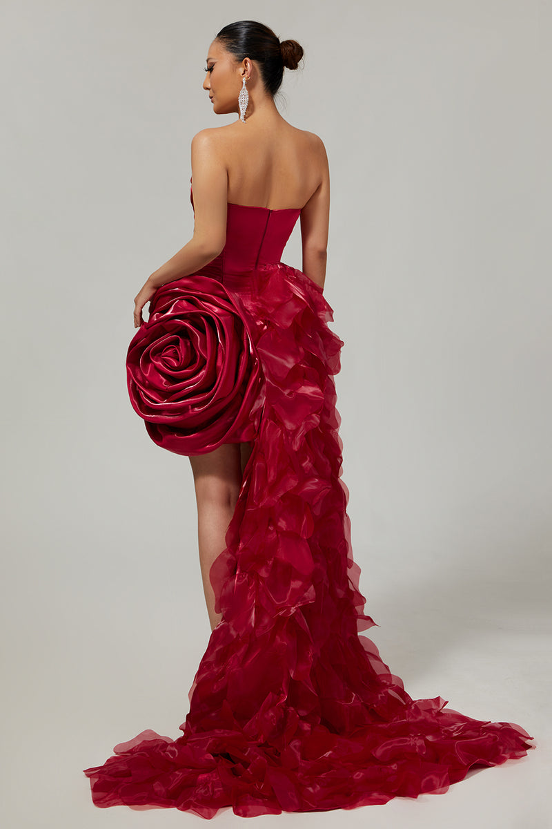 Load image into Gallery viewer, Burgundy Satin Short Tight Prom Dress with 3D Flower