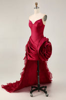 Load image into Gallery viewer, Burgundy Satin Short Tight Prom Dress with 3D Flower
