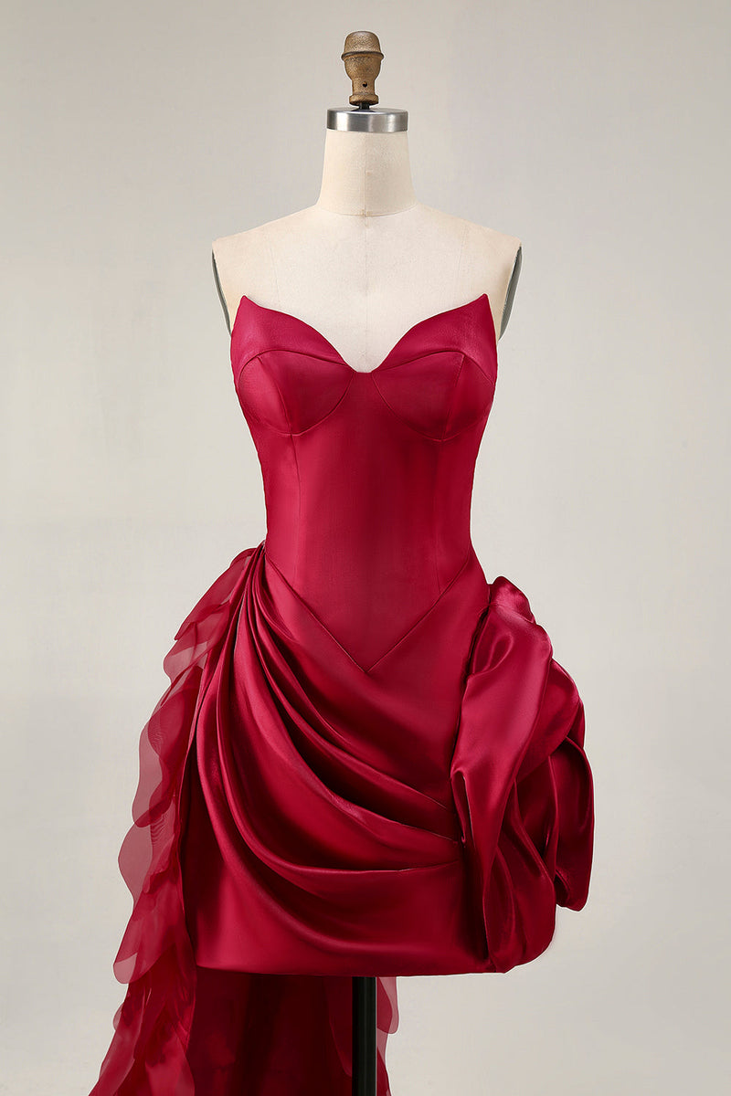 Load image into Gallery viewer, Burgundy Satin Short Tight Prom Dress with 3D Flower