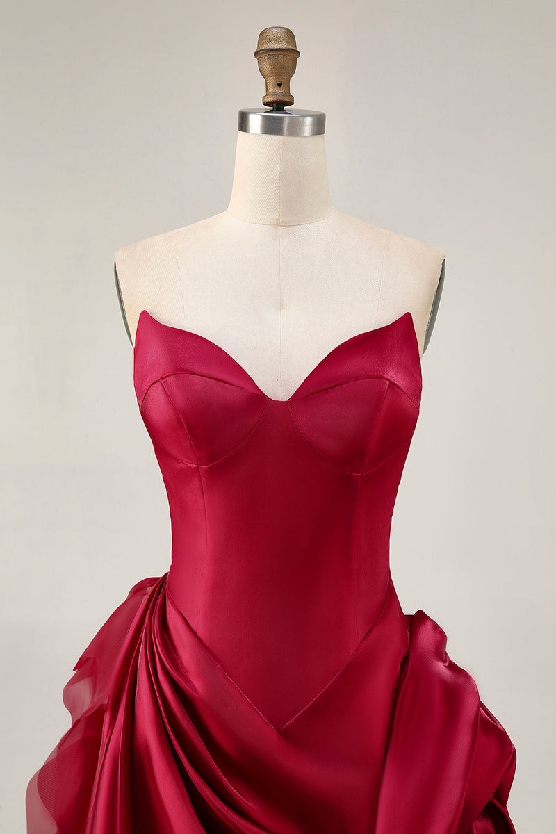 Load image into Gallery viewer, Burgundy Satin Short Tight Prom Dress with 3D Flower