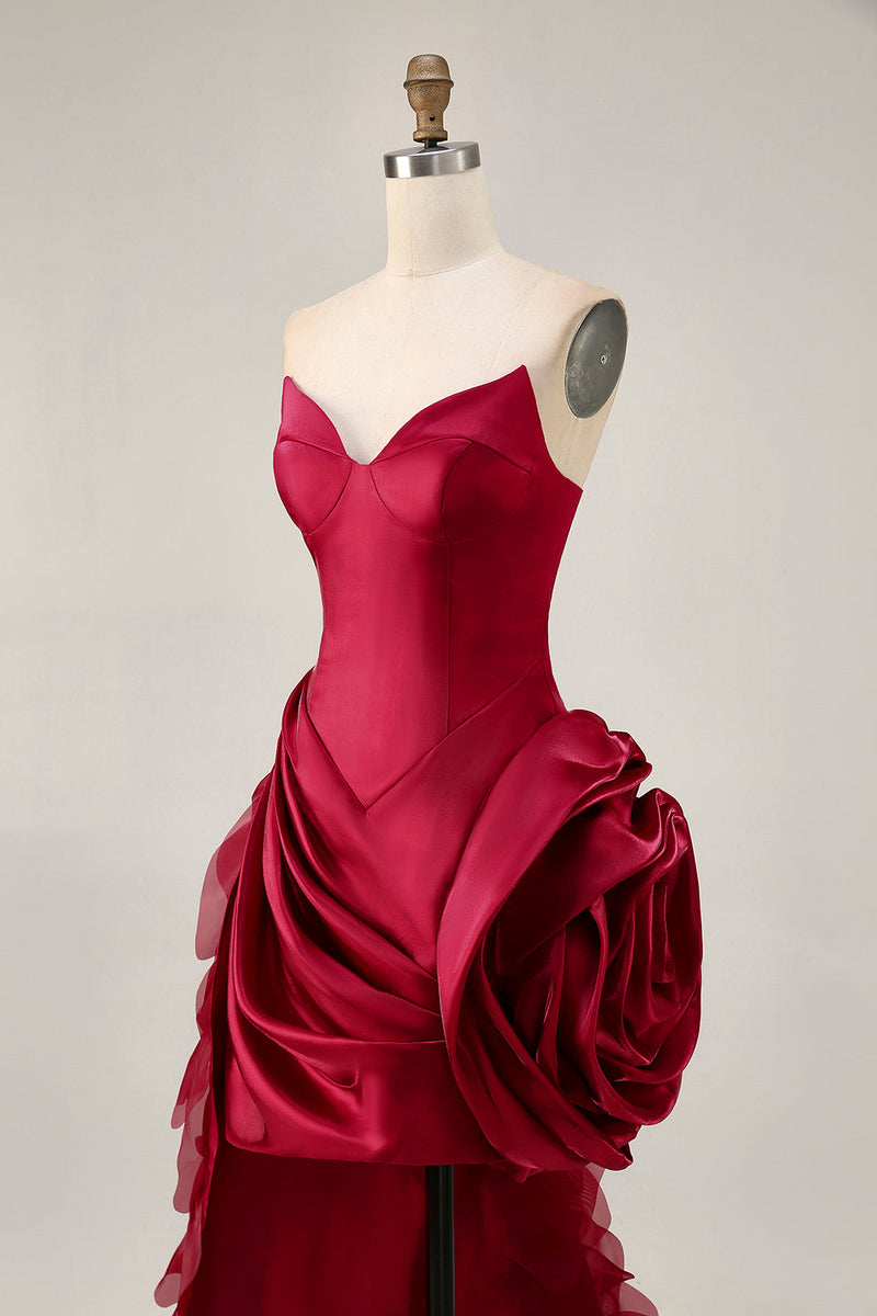 Load image into Gallery viewer, Burgundy Satin Short Tight Prom Dress with 3D Flower