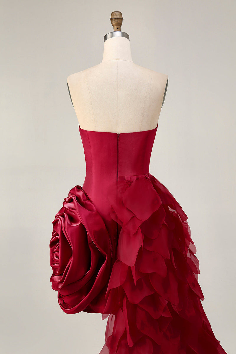 Load image into Gallery viewer, Burgundy Satin Short Tight Prom Dress with 3D Flower