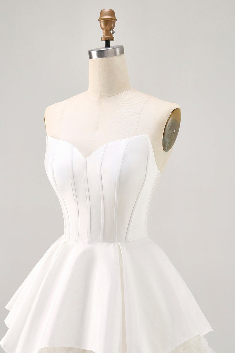 Load image into Gallery viewer, White Tiered Strapless Short Corset Prom Dress with Ruffles