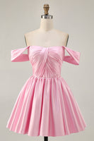 Load image into Gallery viewer, Pink Off the Shoulder A Line Satin Short Prom Dress