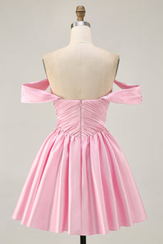 Pink Off the Shoulder A Line Satin Short Prom Dress