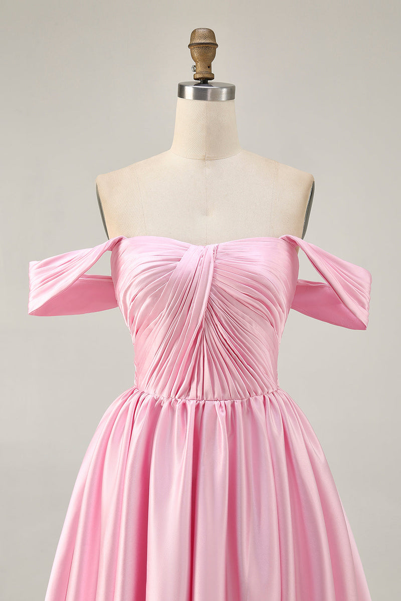 Load image into Gallery viewer, Pink Off the Shoulder A Line Satin Short Prom Dress