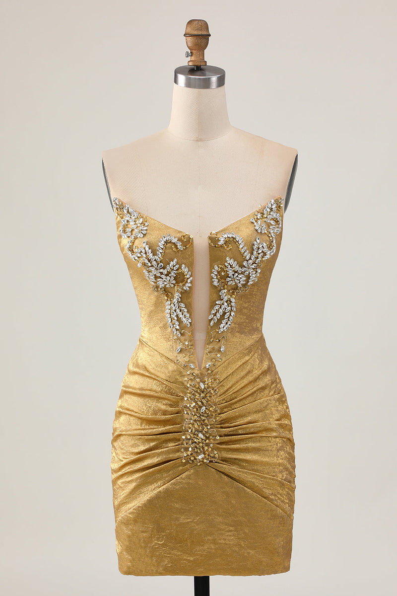 Load image into Gallery viewer, Sparkly Golden Short Strapless Tight Prom Dress with Beading