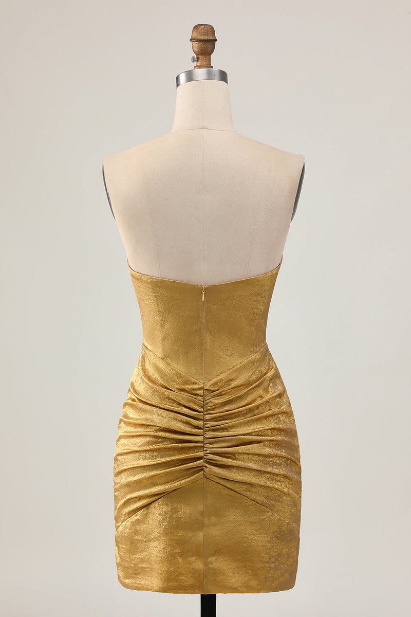 Load image into Gallery viewer, Sparkly Golden Short Strapless Tight Prom Dress with Beading