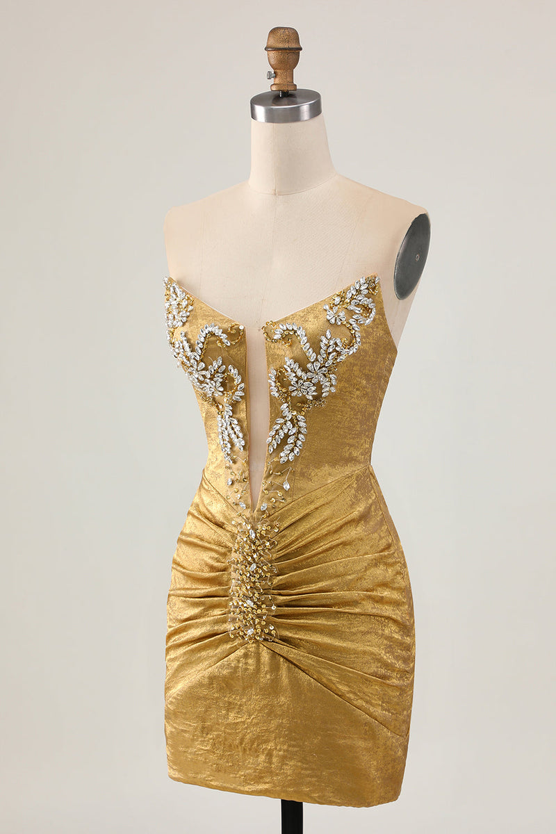 Load image into Gallery viewer, Sparkly Golden Short Strapless Tight Prom Dress with Beading