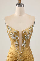 Load image into Gallery viewer, Sparkly Golden Short Strapless Tight Prom Dress with Beading