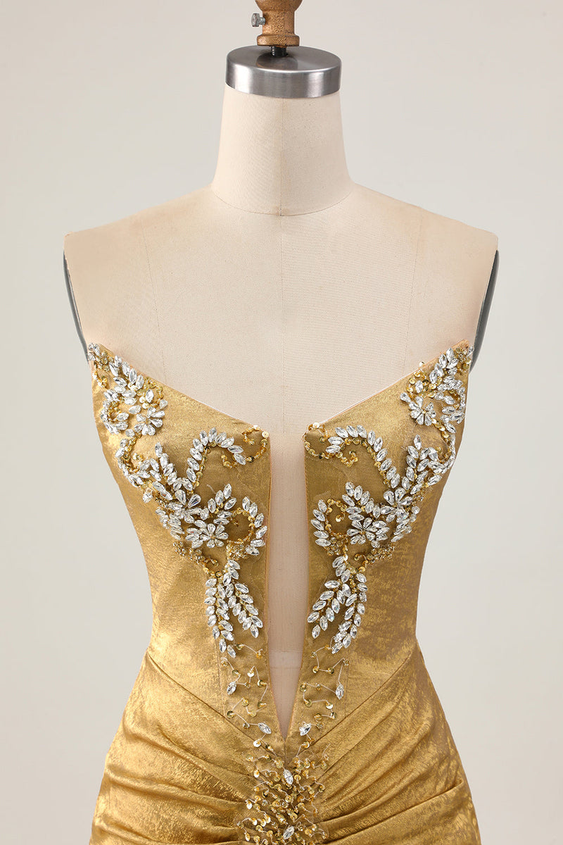 Load image into Gallery viewer, Sparkly Golden Short Strapless Tight Prom Dress with Beading