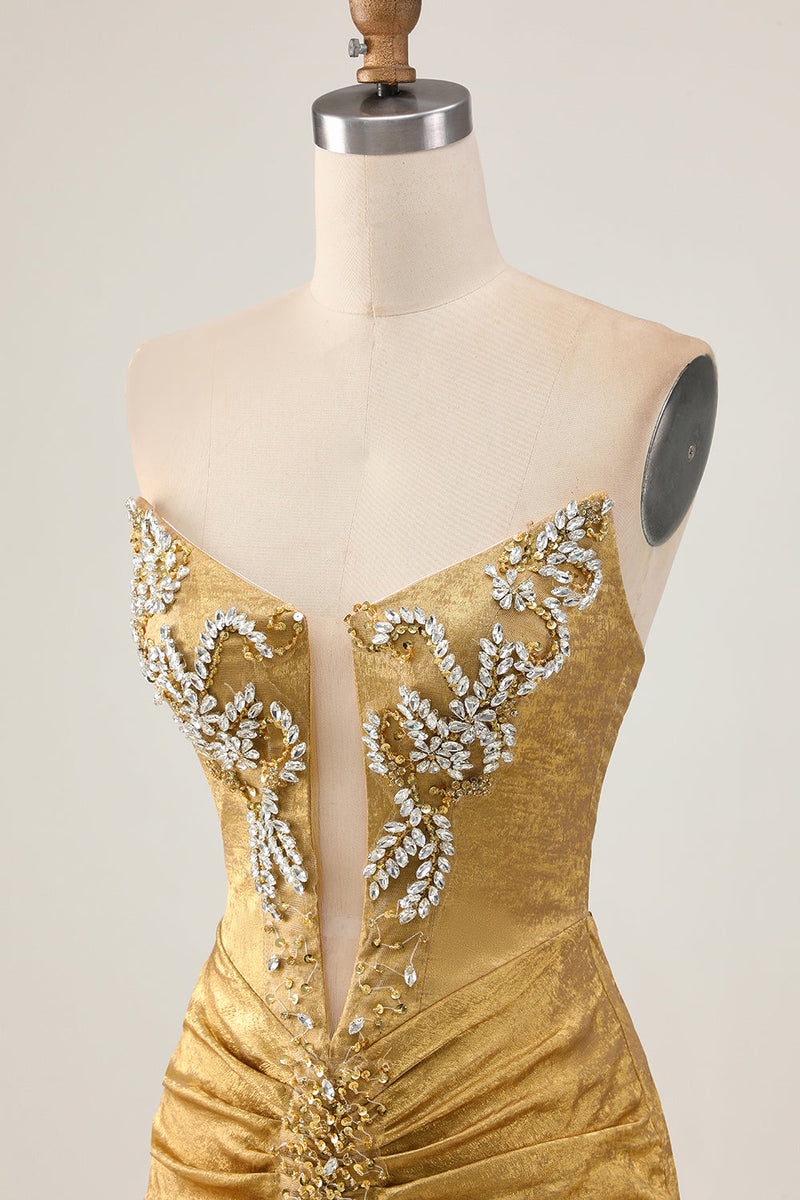 Load image into Gallery viewer, Sparkly Golden Short Strapless Tight Prom Dress with Beading