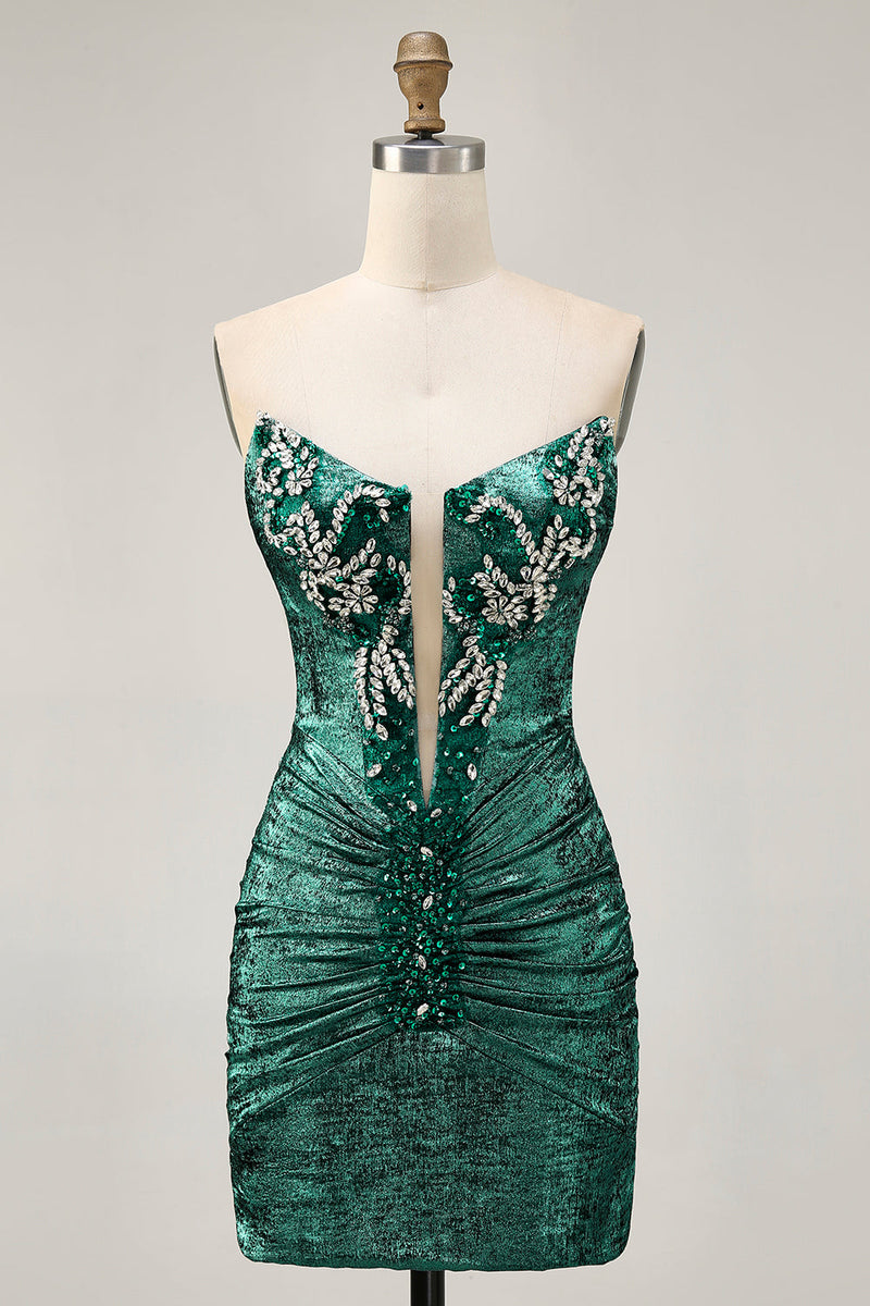 Load image into Gallery viewer, Sparkly Grey Green Strapless Short Tight Prom Dress with Beading