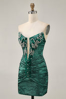 Load image into Gallery viewer, Sparkly Grey Green Strapless Short Tight Prom Dress with Beading