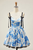 Load image into Gallery viewer, White Blue Corset A Line Short Floral Prom Dress with Bow