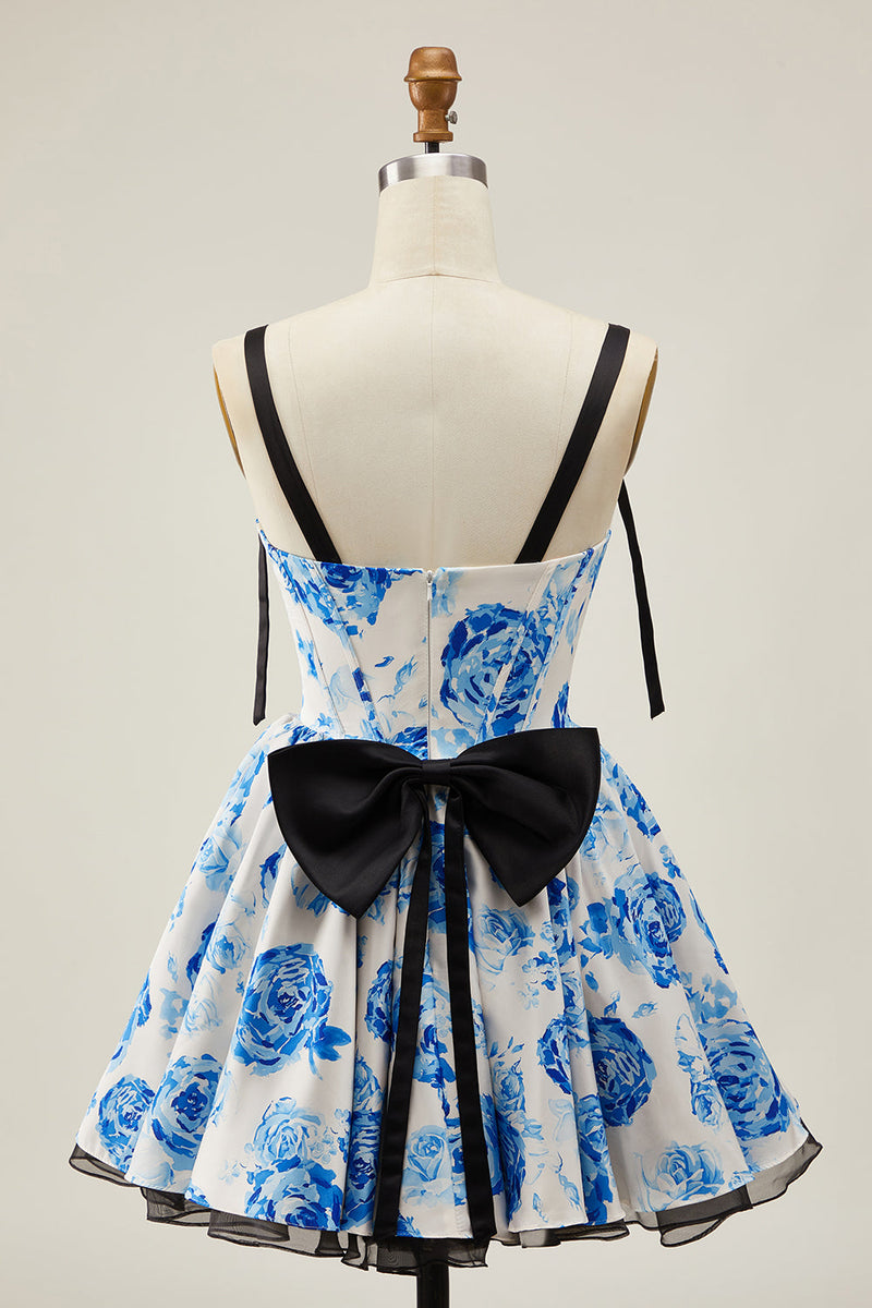 Load image into Gallery viewer, White Blue Corset A Line Short Floral Prom Dress with Bow