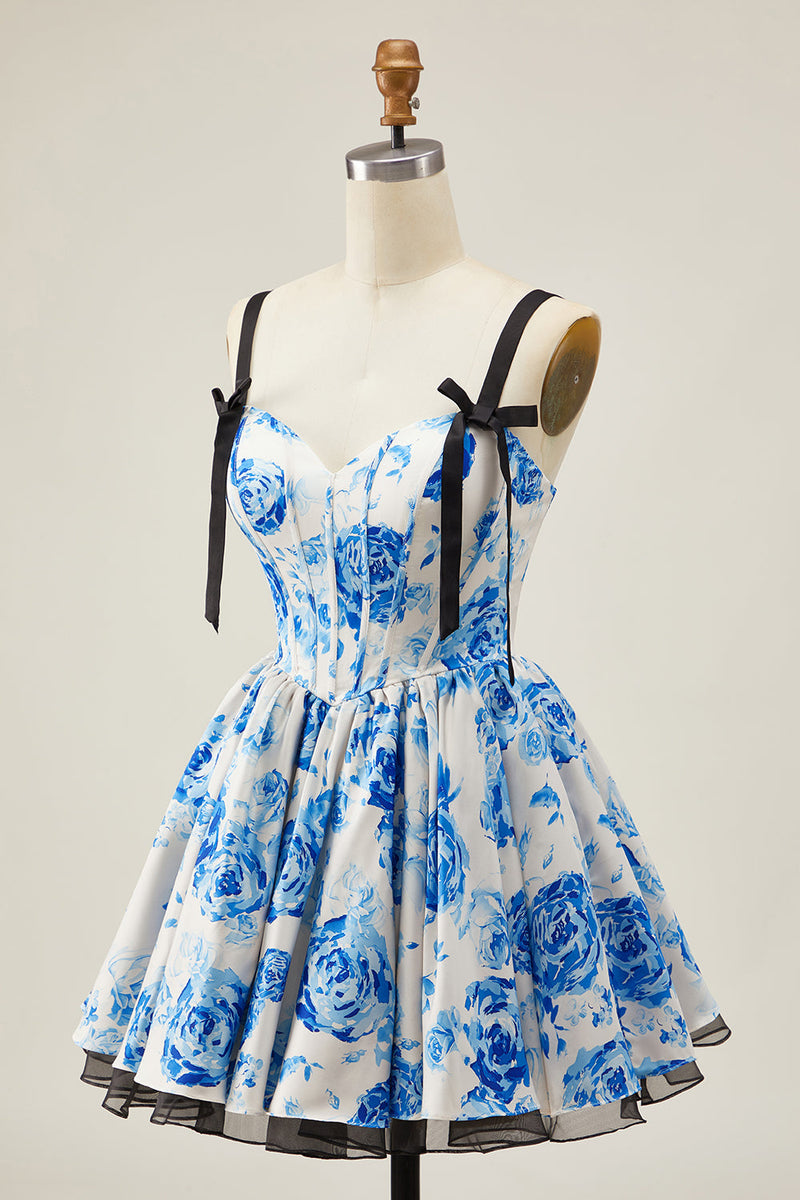 Load image into Gallery viewer, White Blue Corset A Line Short Floral Prom Dress with Bow