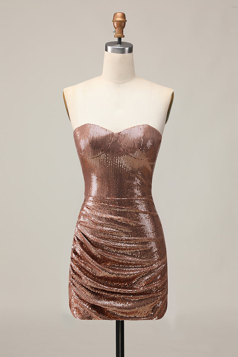 Load image into Gallery viewer, Sparkly Coffee Sweetheart Sequin Tight Short Prom Dress