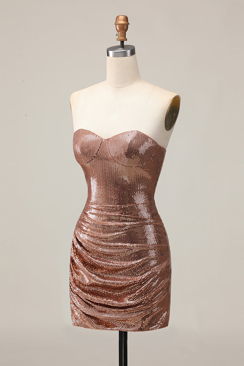 Load image into Gallery viewer, Sparkly Coffee Sweetheart Sequin Tight Short Prom Dress