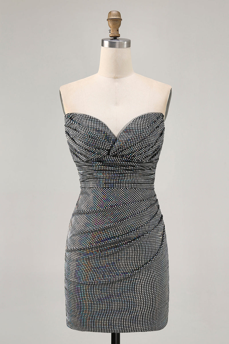 Load image into Gallery viewer, Sparkly White Silver Strapless Sequin Ruched Tight Short Prom Dress