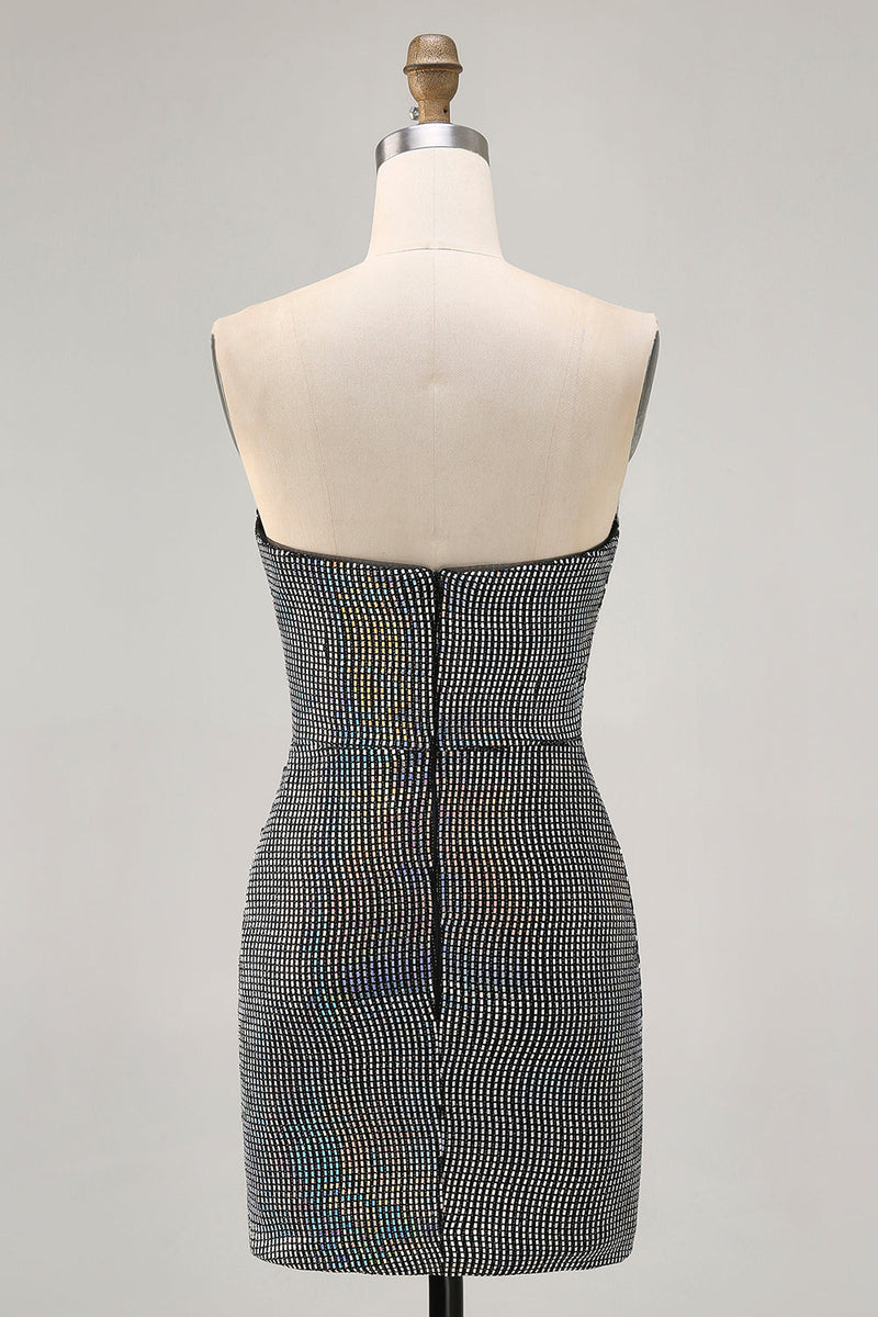 Load image into Gallery viewer, Sparkly White Silver Strapless Sequin Ruched Tight Short Prom Dress