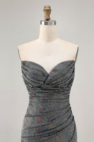 Load image into Gallery viewer, Sparkly Black Sequin Ruched Strapless Tight Short Prom Dress