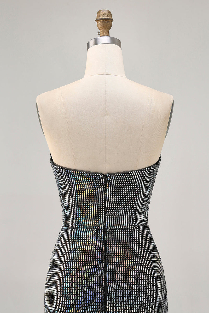 Load image into Gallery viewer, Sparkly White Silver Strapless Sequin Ruched Tight Short Prom Dress