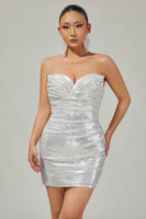 Load image into Gallery viewer, Sparkly White Silver Strapless Sequin Ruched Tight Short Prom Dress