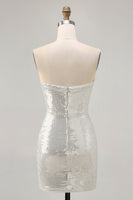 Load image into Gallery viewer, Sparkly White Silver Strapless Sequin Ruched Tight Short Prom Dress