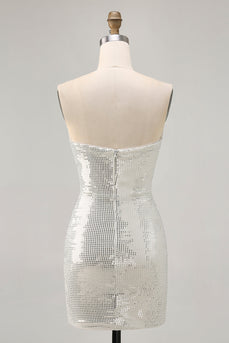 Sparkly White Silver Strapless Sequin Ruched Tight Short Prom Dress