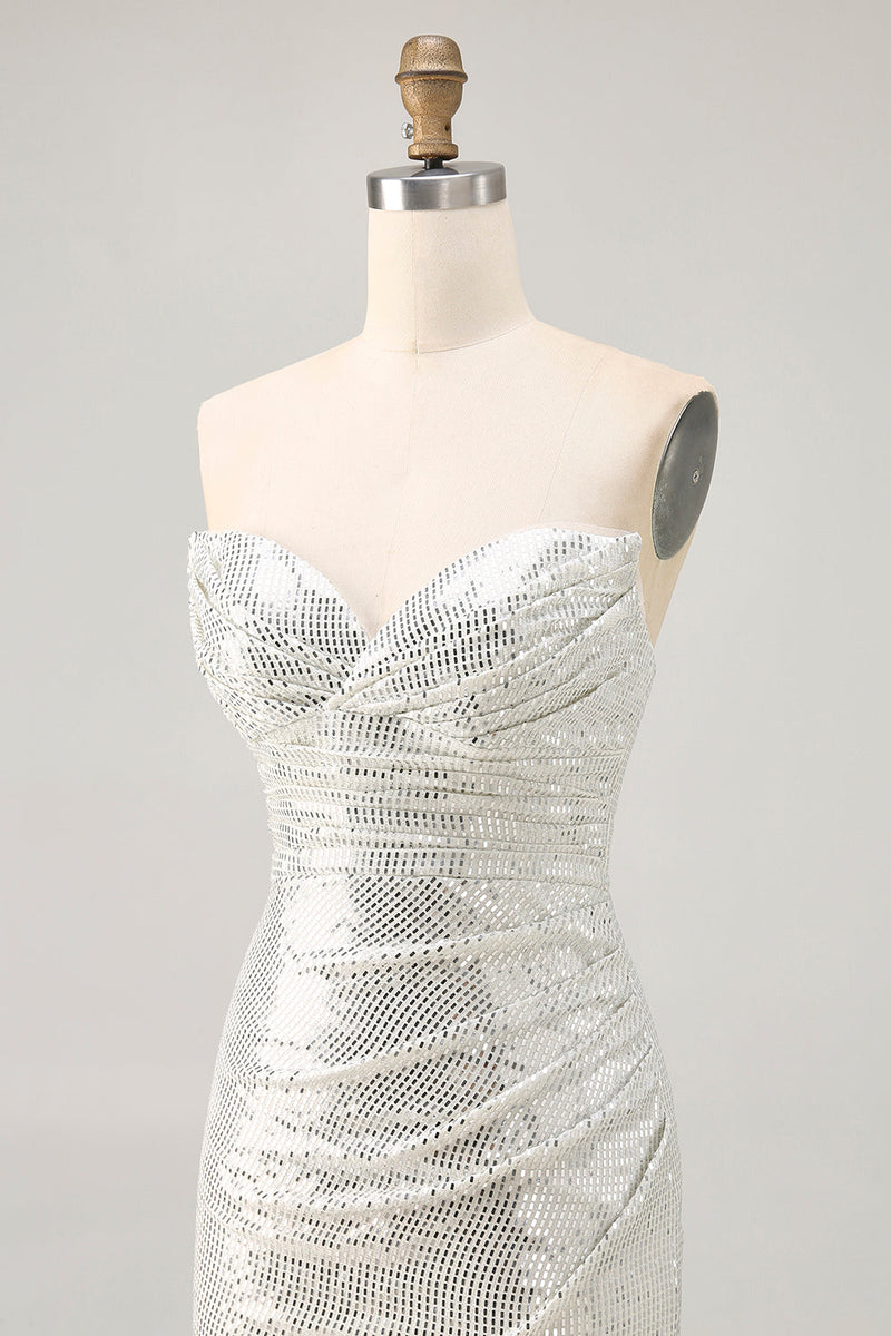 Load image into Gallery viewer, Sparkly White Silver Strapless Sequin Ruched Tight Short Prom Dress